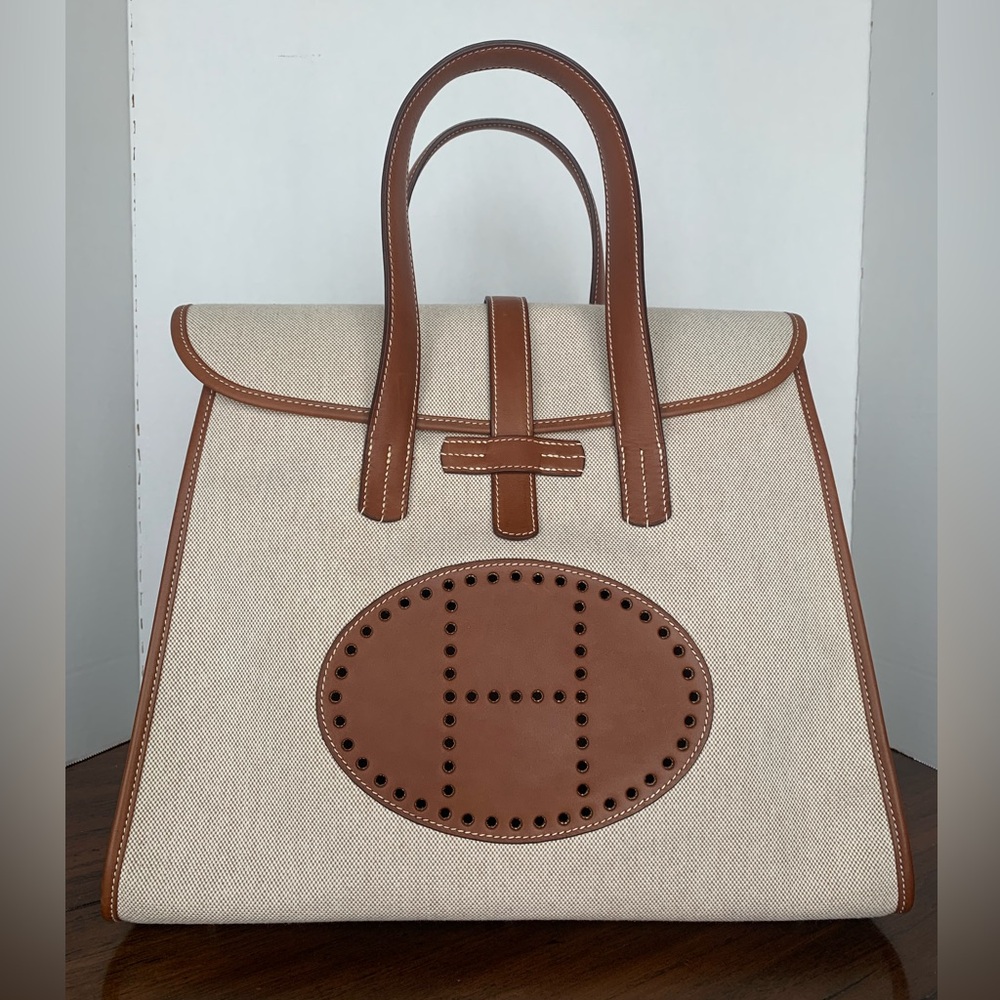 Hermes Feu2Dou Barénia Leather Golden Brown and Creme Canvas Tote